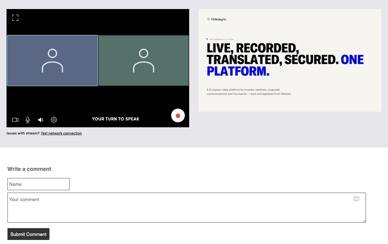 A viewer’s own event page with audience members brought into the player, a turn-to-speak indicator and the slide alongside it