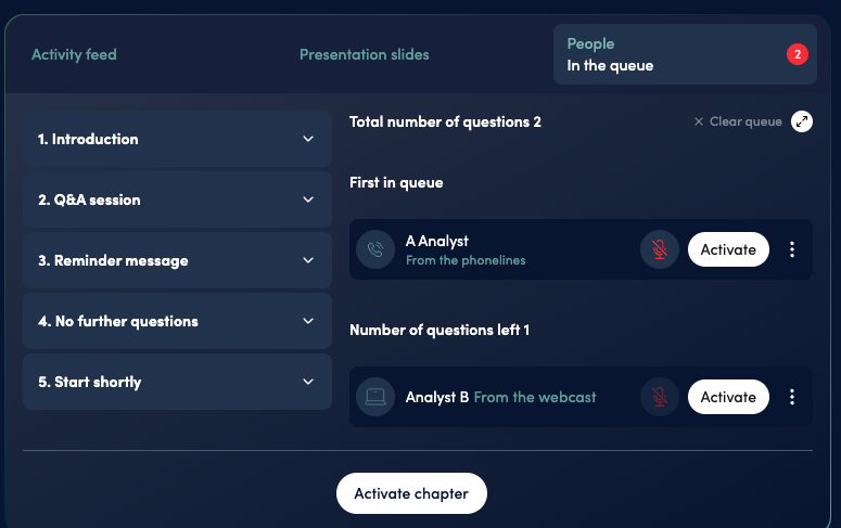The hand-raise queue in the moderation view, with the next participant ready to activate