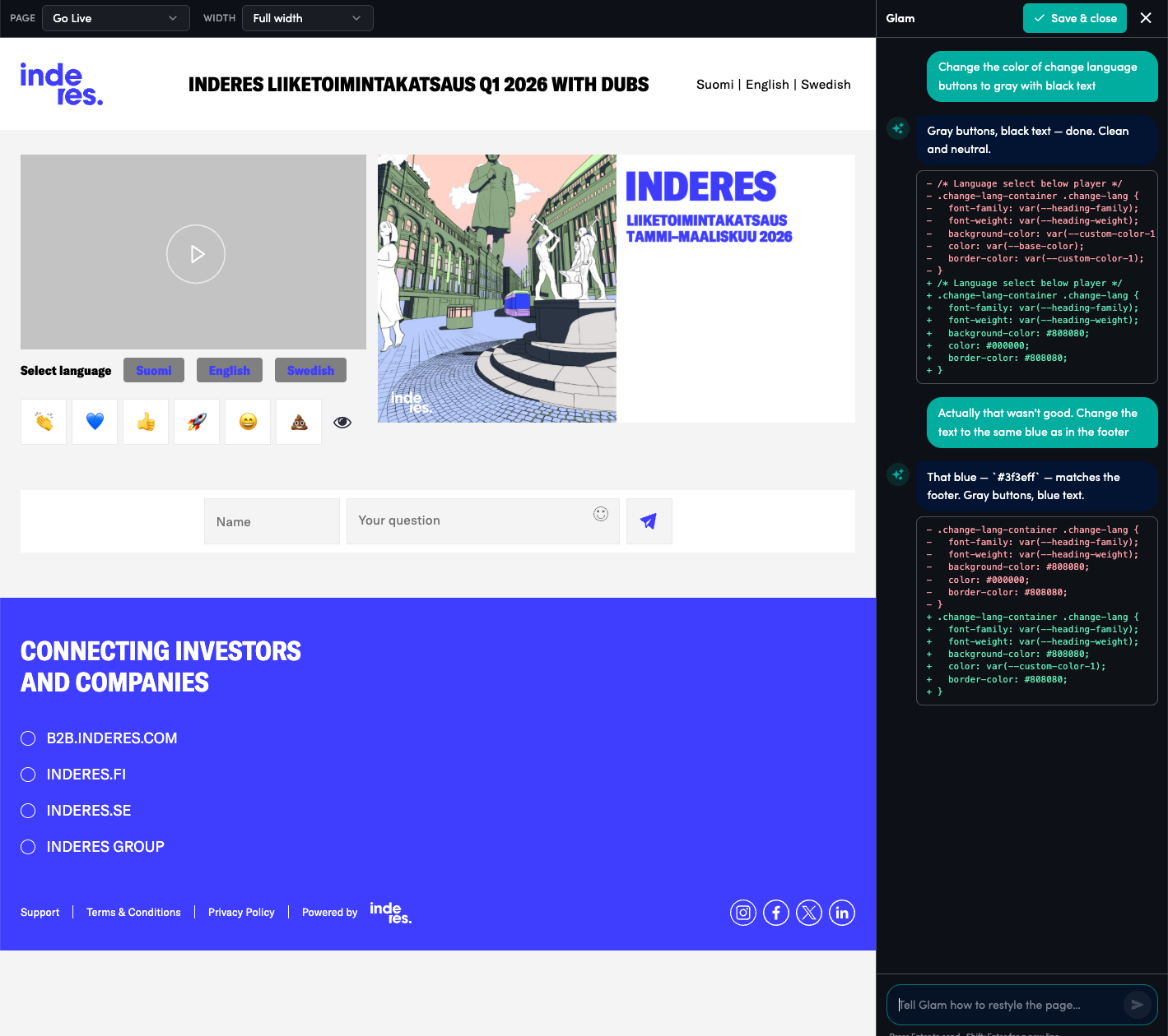 A branded event page generated with Glam, the AI event creator