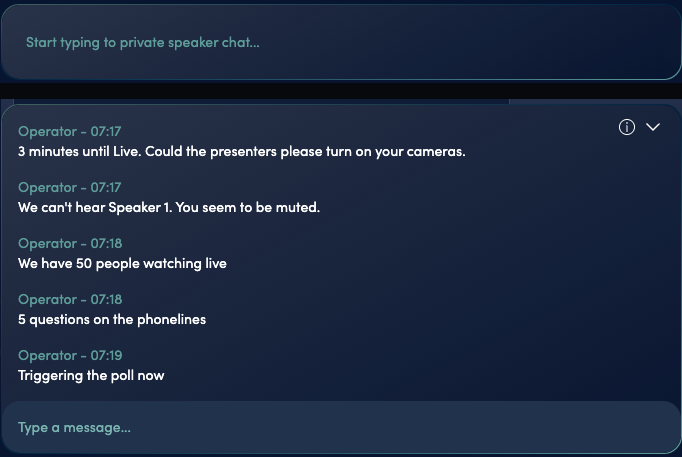 Backstage chat in two states: an empty private speaker chat field, and a running conversation with the host's messages