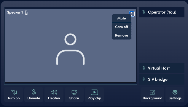 Speaker tile controls: Mute, Cam off and Remove