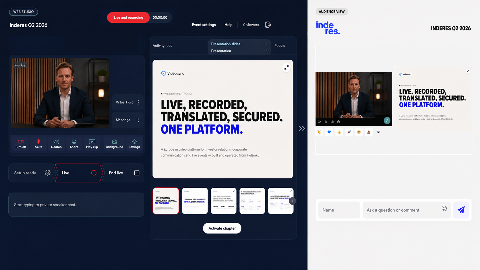 The Web Studio host view and the audience view side by side: the same speaker appears in both, with reactions and a question field on the audience side